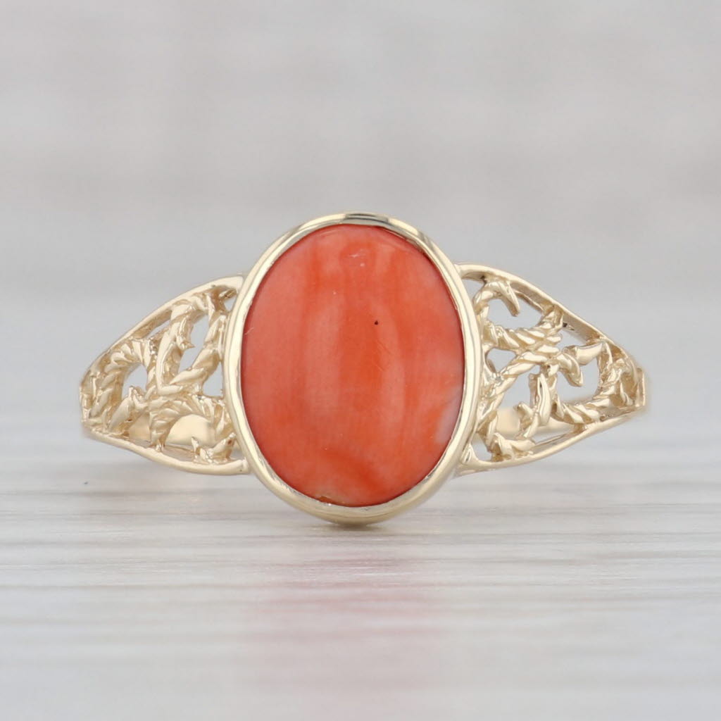 Gray Oval Coral Cabochon Solitaire Ring 10k Yellow Gold Size 8.5