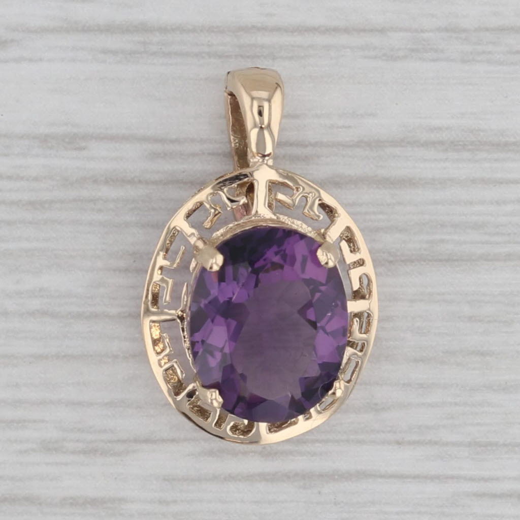 Gray 1.20ct Oval Amethyst Solitaire Pendant 14k Yellow Gold Greek Key Pattern