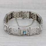 Art Deco Aquamarine Diamond Filigree Bracelet 14k Gold Platinum 7"