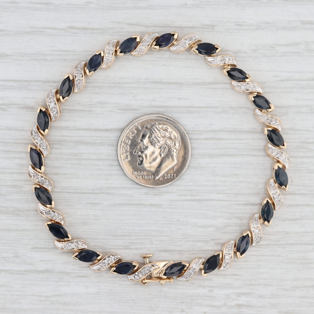 6.69ctw Blue Sapphire Diamond Scalloped Tennis Bracelet 14k Yellow Gold 6.75"