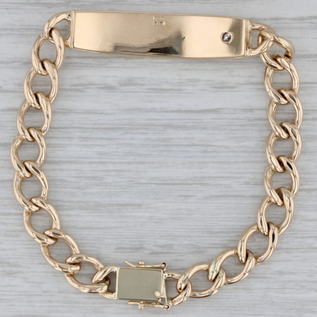 Gray 0.10ct Diamond ID Bracelet 14k Yellow Gold Curb Chain Engravable 7"