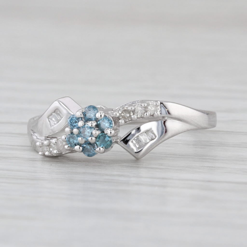 0.18ctw Blue White Diamond Flower Ring 10k White Gold Bypass Size 7