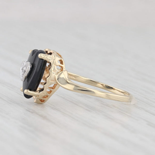 Vintage Onyx Heart Diamond Ring 10k Yellow Gold Size 5.5