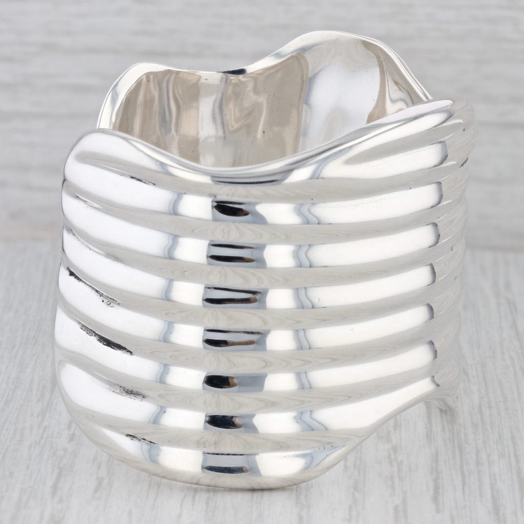 Light Gray Ridged Beveled Cuff Bracelet Sterling Silver Mexico Statement Vintage