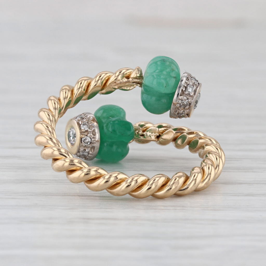 Emerald Bead Diamond Bypass Ring 14k Yellow Gold Size 7 Adjustable