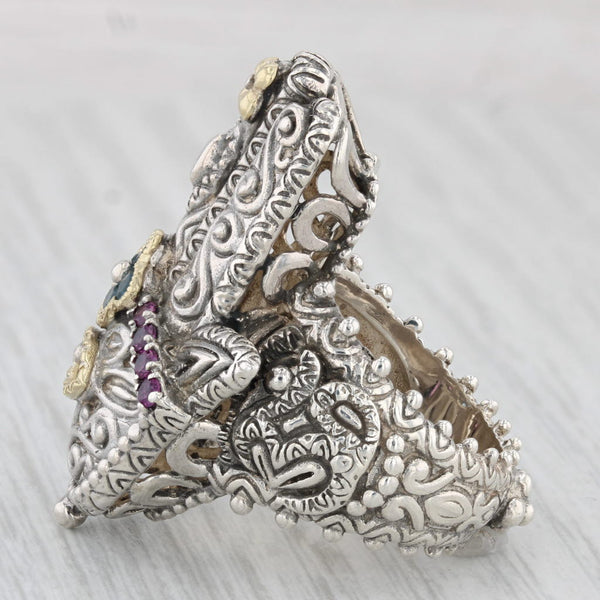 Barbara Bixby Garnet Topaz Hamsa Hand Ring Sterling Silver 18k Gold Sz 6 Ornate