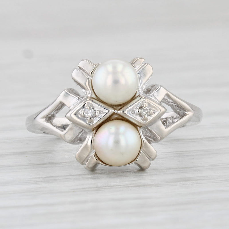 Light Gray Vintage Cultured Pearl Diamond Ring 14k White Gold Size 4.75