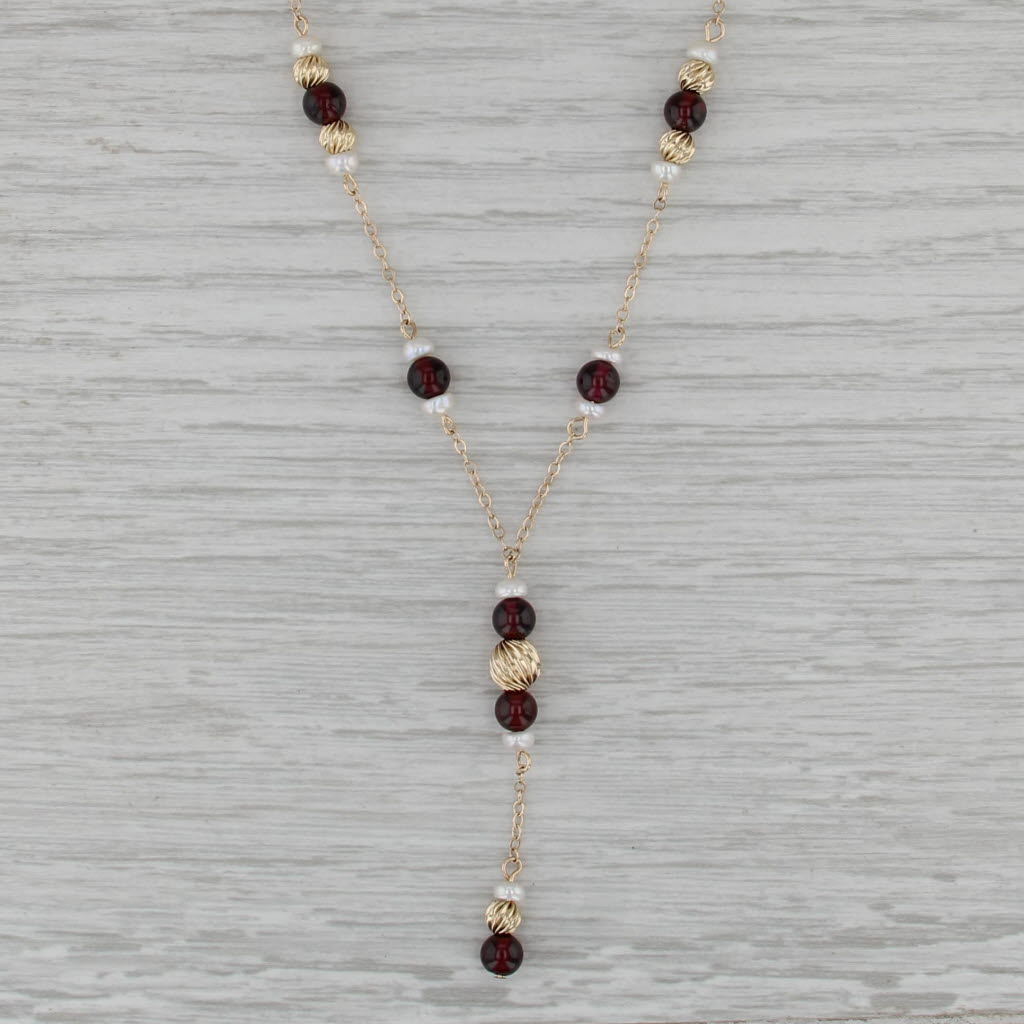 Culture Pearl Garnet Bead Lariat Necklace 14k Yellow Gold 17" Bead Cable Chain