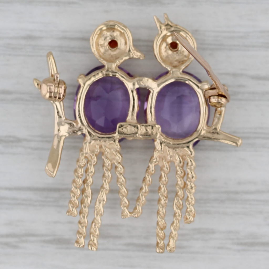 Gray 5.04ctw Amethyst Garnet Birds Perched on a Branch Brooch 14k Yellow Gold Pin