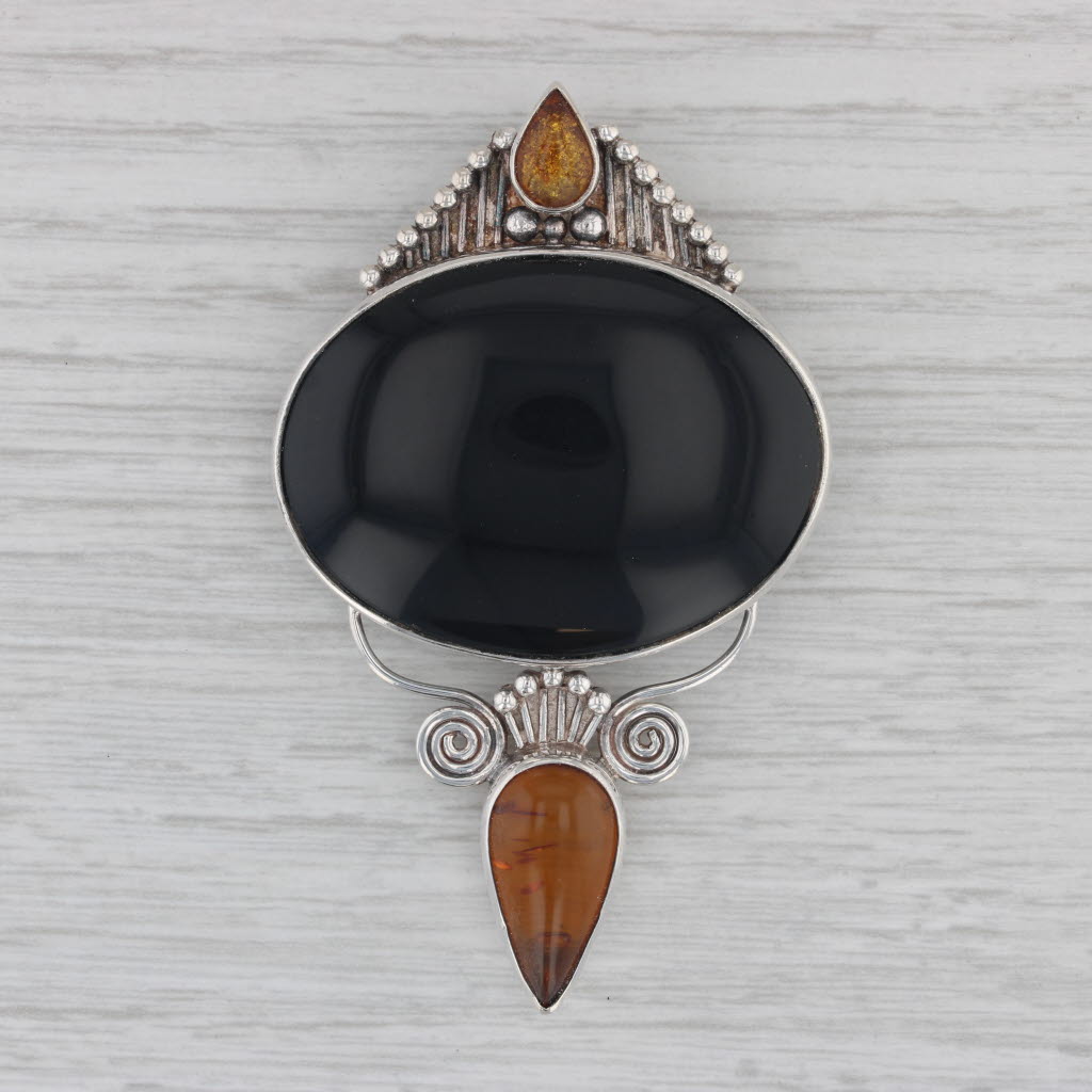 Gray Sajen Onyx Amber Statement Brooch Sterling Silver Pendant Pin