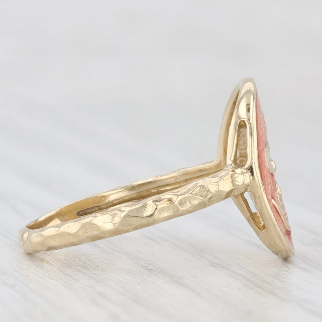 Orange Enamel Flower Signet Ring 14k Yellow Gold Size 7.5
