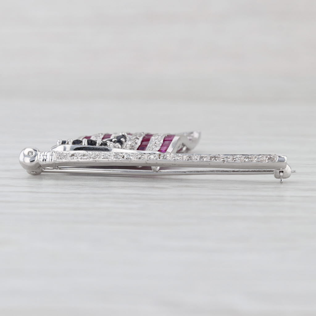 American Flag Brooch 2.54ctw Diamond Sapphire Ruby 14k White Gold Patriotic Pin