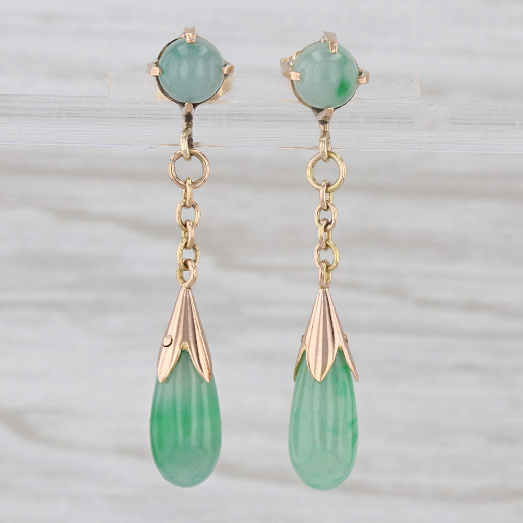 Green Jadeite Jade Cabochon Dangle Earrings 14k Yellow Gold Drops