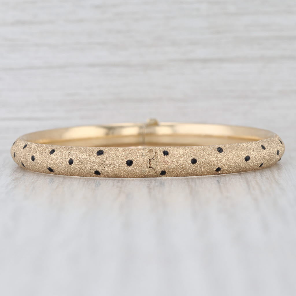 Black Resin Dot Brushed Bangle Bracelet 14k Yellow Gold 7" 6.3mm