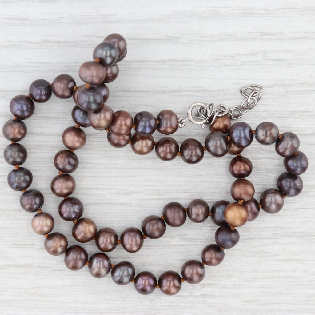 Dyed Brown Single Cultured Pearl Strand Necklace Sterling Silver 15.75-17.5"