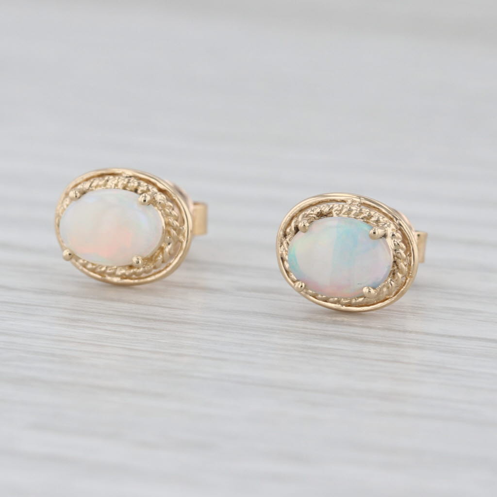 Oval Opal Cabochon Stud Earrings 14k Yellow Gold Solitaire Studs