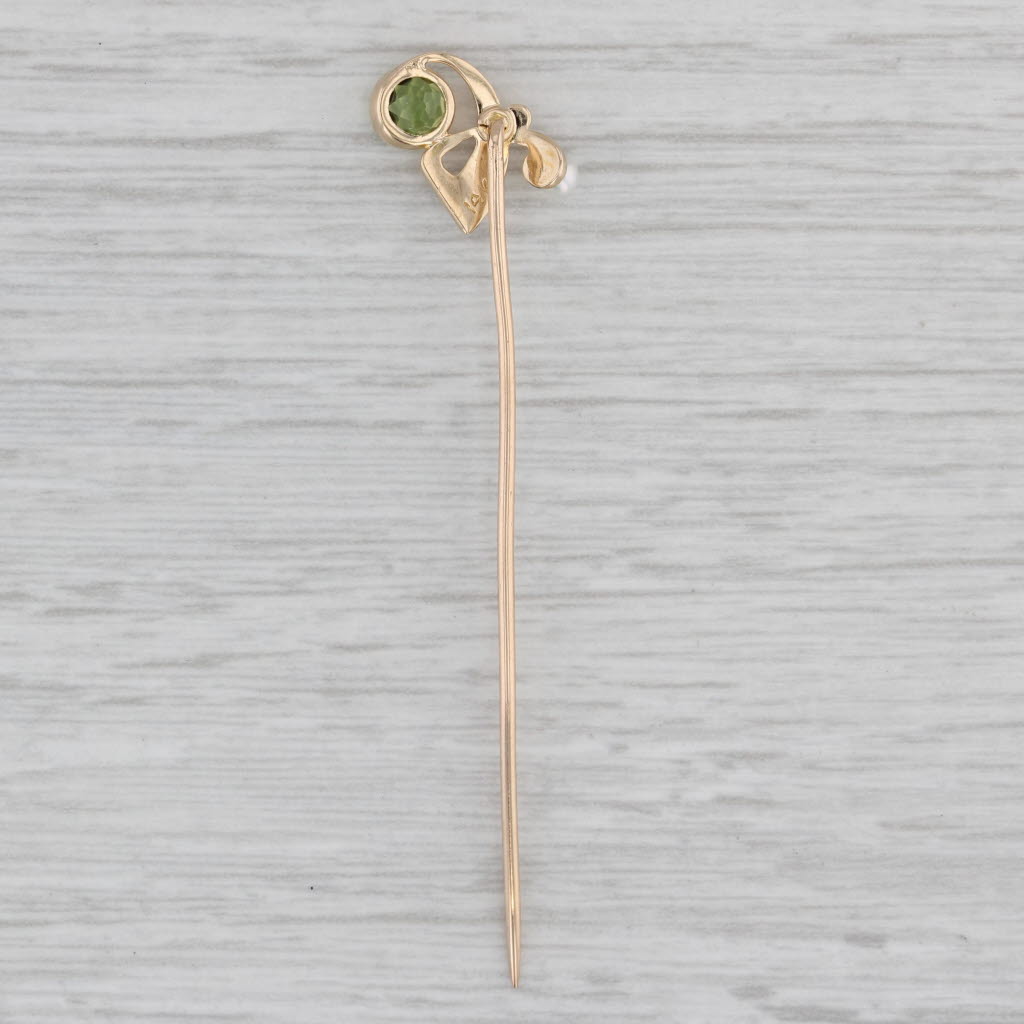 Gray Vintage Peridot Cultured Pearl Stickpin 14k 10k Yellow Gold