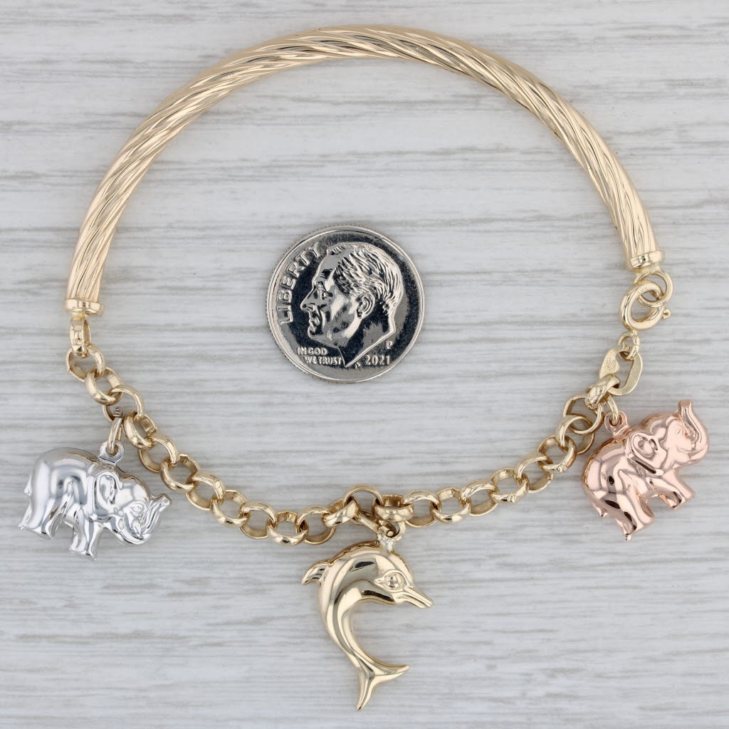 Gray Elephant Dolphin Hand Bangle Charm Bracelet 10k Gold 7" Good Luck