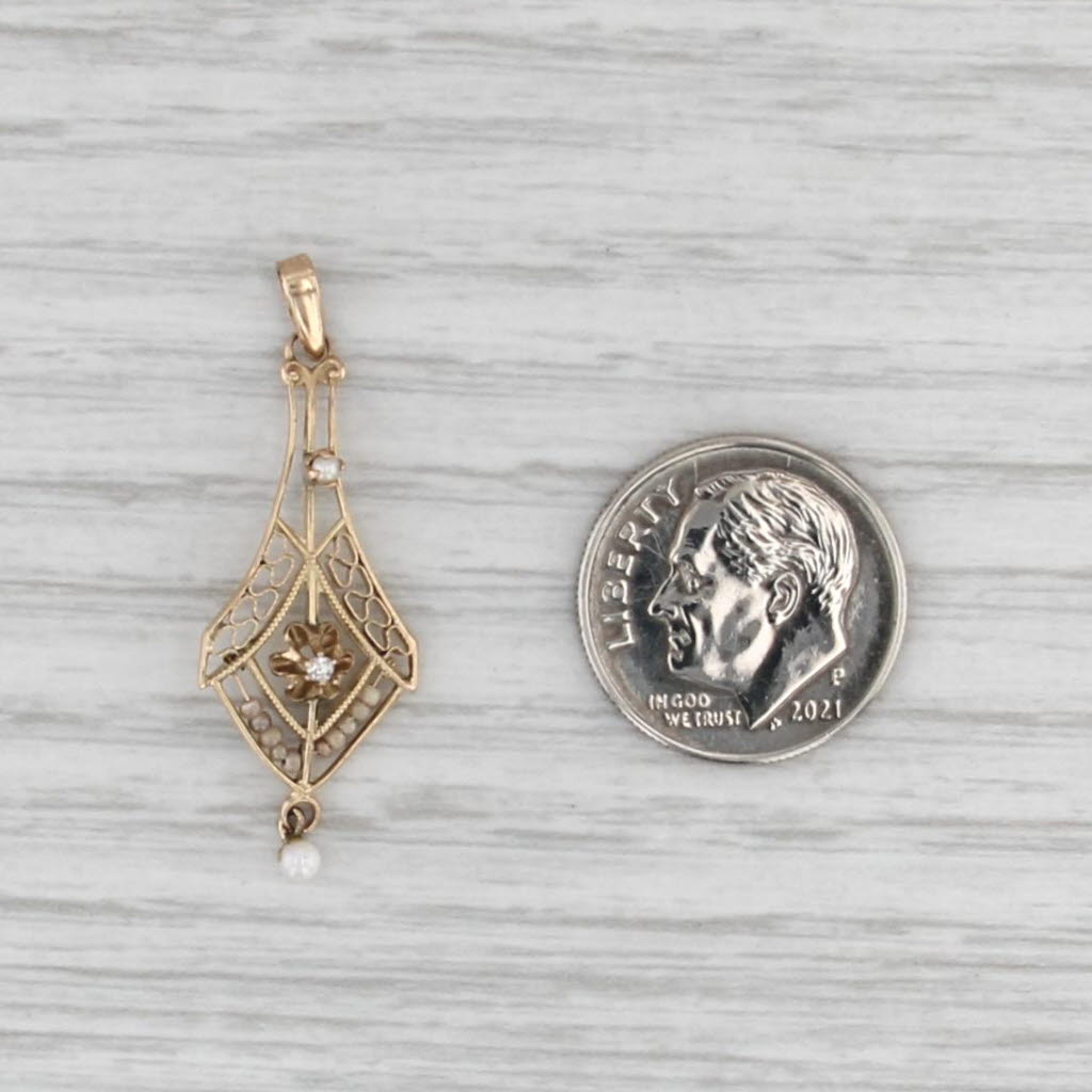 Vintage Cultured Pearl Diamond Lavalier Pendant 10k Yellow Gold Art Deco