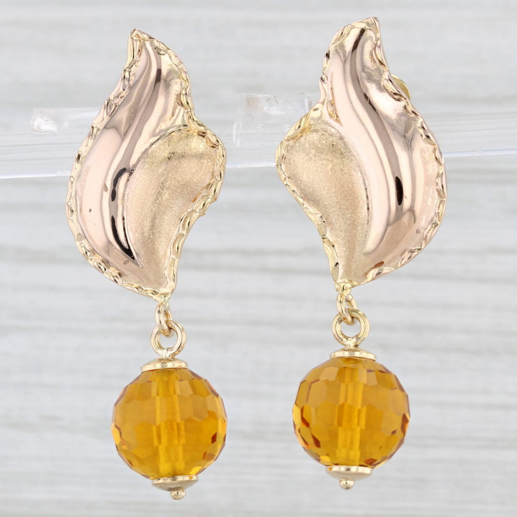 Light Gray Orange Glass Bead Dangle Beveled Leaf Earrings 14k Yellow Rose Gold