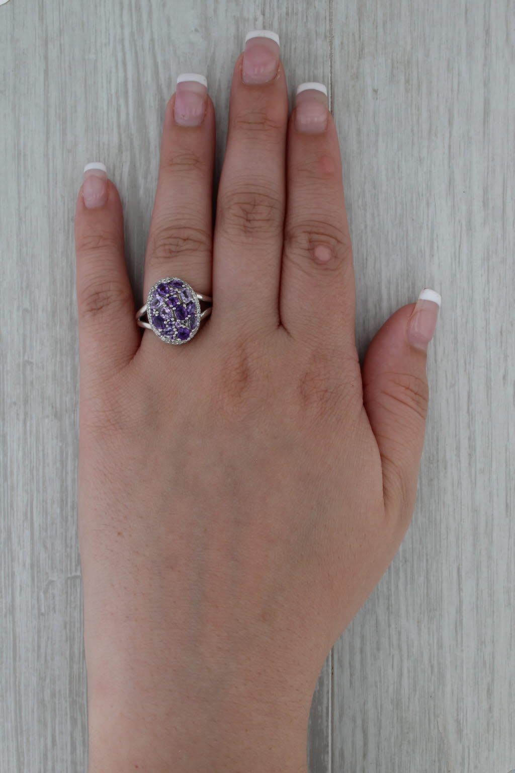 New Amethyst Cluster Diamond Halo Ring Sterling Silver Purple Stone Cocktail S 7