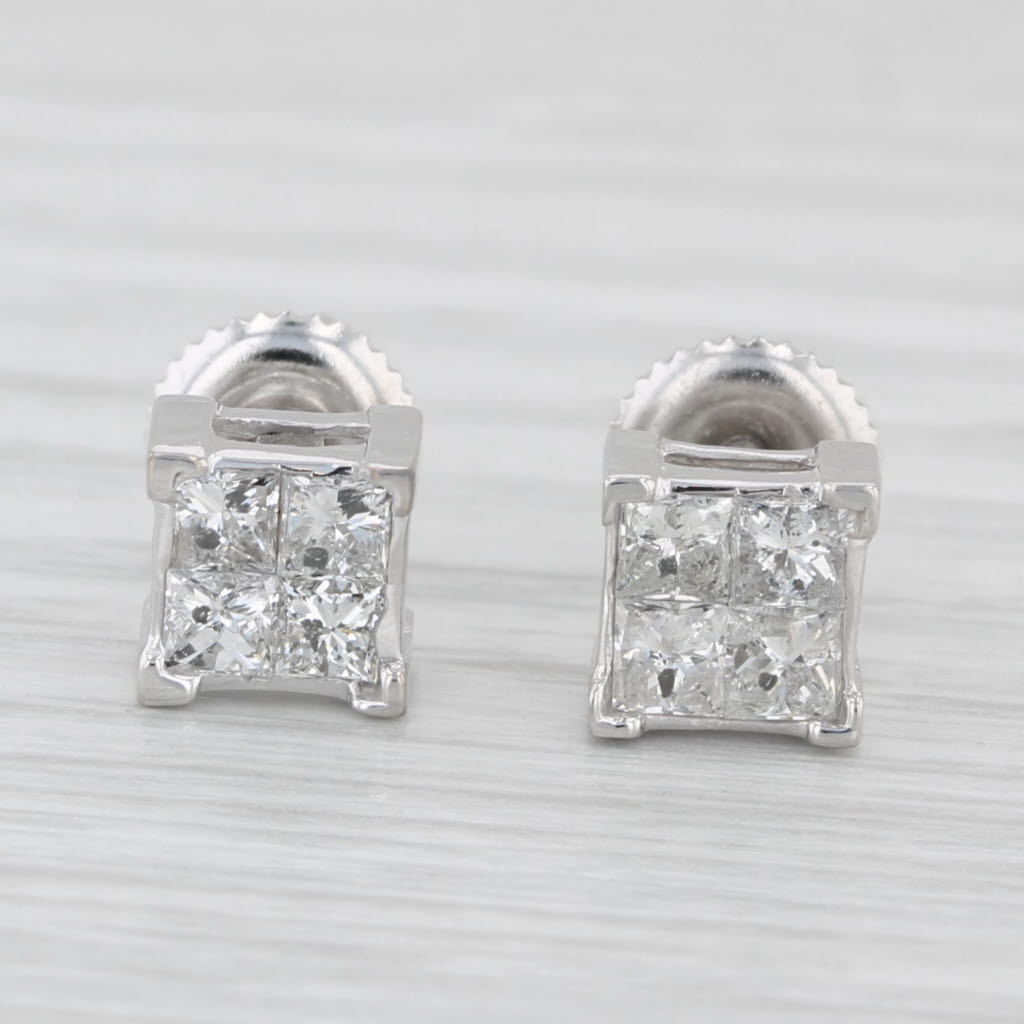 Light Gray 0.70ctw Princess Diamond Stud Earrings 14k White Gold