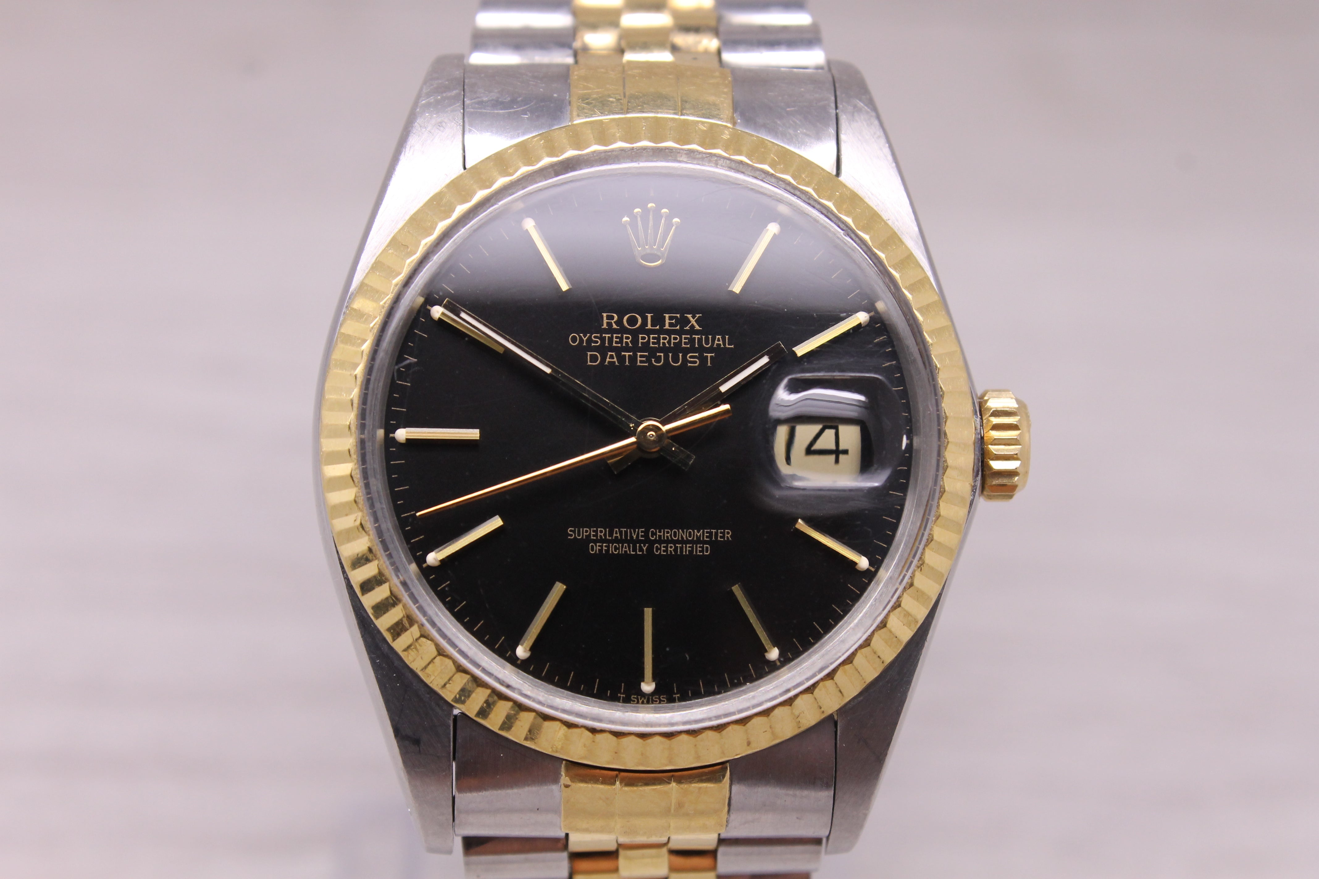 Vintage 1986 Rolex Datejust 16013 Mens Automatic 18k Steel Watch w Jubilee Black