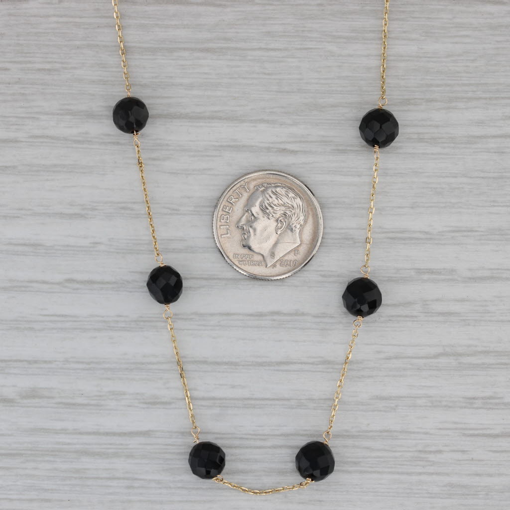 Gray Onyx Bead Station Necklace 14k Yellow Gold 16" Cable Chain