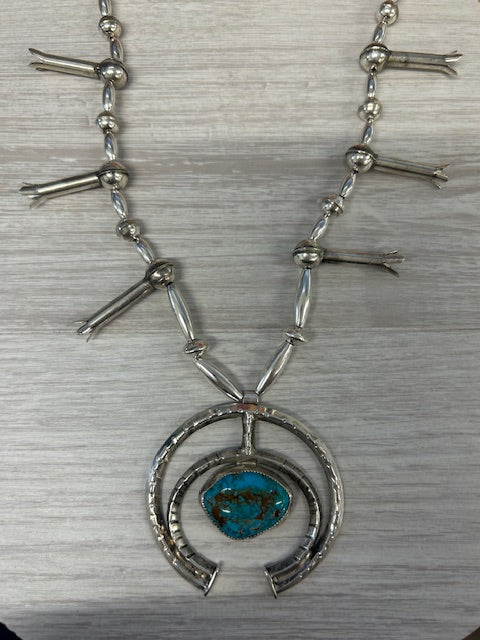 Dark Gray Native American Turquoise Squash Blossom Bead Necklace Sterling Silver 25.75"