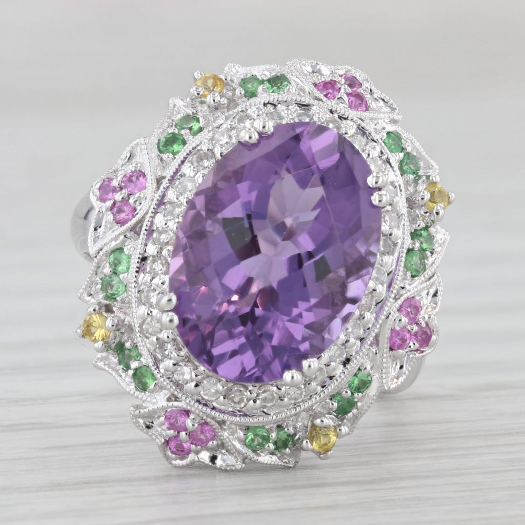 Light Gray 6.37ctw Amethyst Diamond Sapphire Garnet Ring 14k White Gold Sz 8 Cocktail Halo