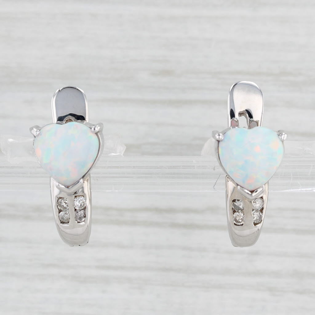 Light Gray Lab Created Opal Heart Diamond Drop Earrings 14k White Gold