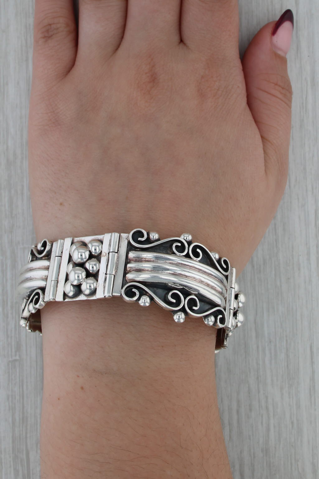 Vintage Panel Link Statement Bangle Bracelet Sterling Silver 7.5" 29.4mm Mexico