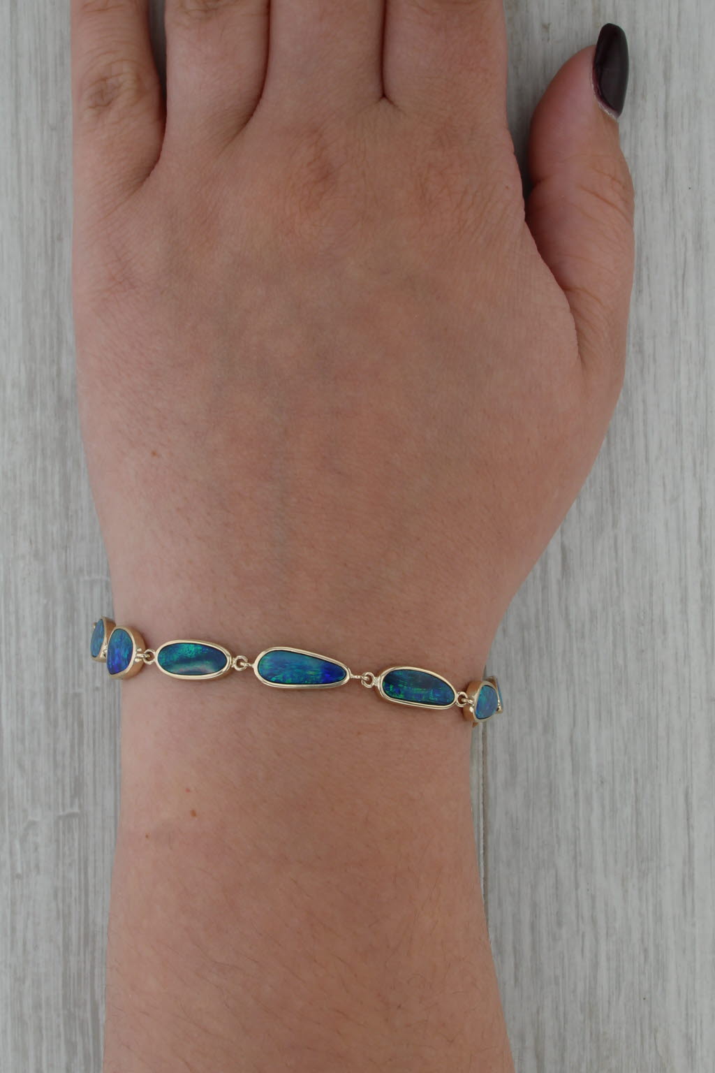 7.5" Blue Green Boulder Opal Bracelet 14k Yellow Gold