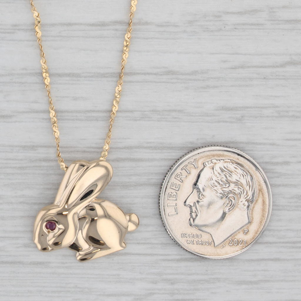 Gray Ruby Eye Bunny Rabbit Pendant Necklace 14k Yellow Gold 20" Serpentine Chain