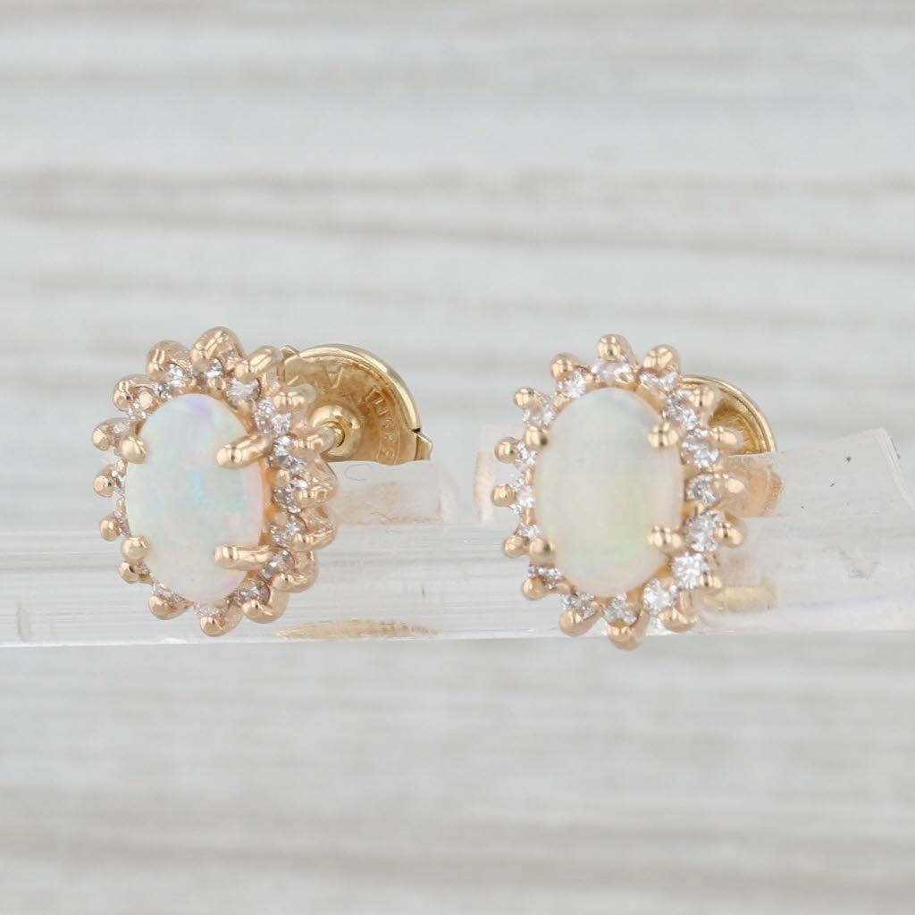 Opal Diamond Halo Stud Earrings 14k Yellow Gold Oval Cabochons Studs