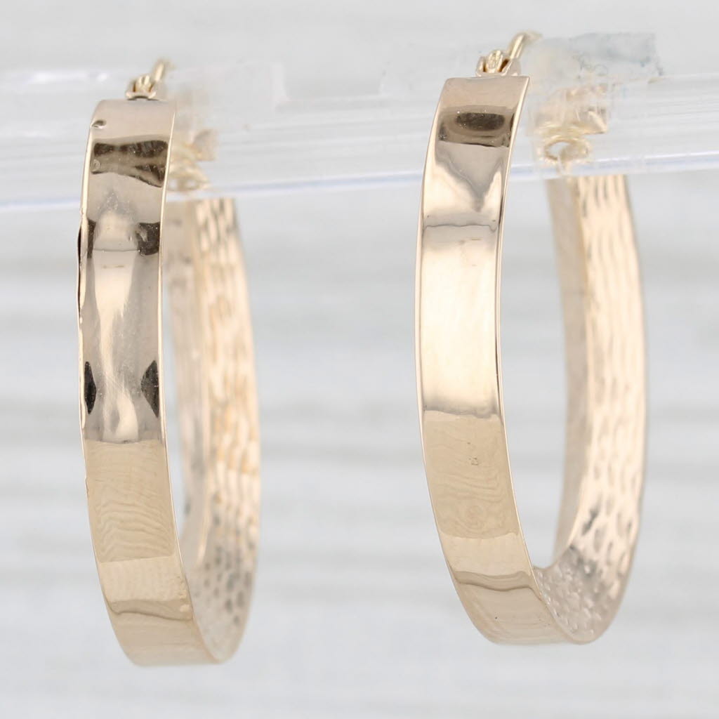 Light Gray Etched Beveled Hoop Earrings 14k Yellow Gold Snap Top Round Hoops