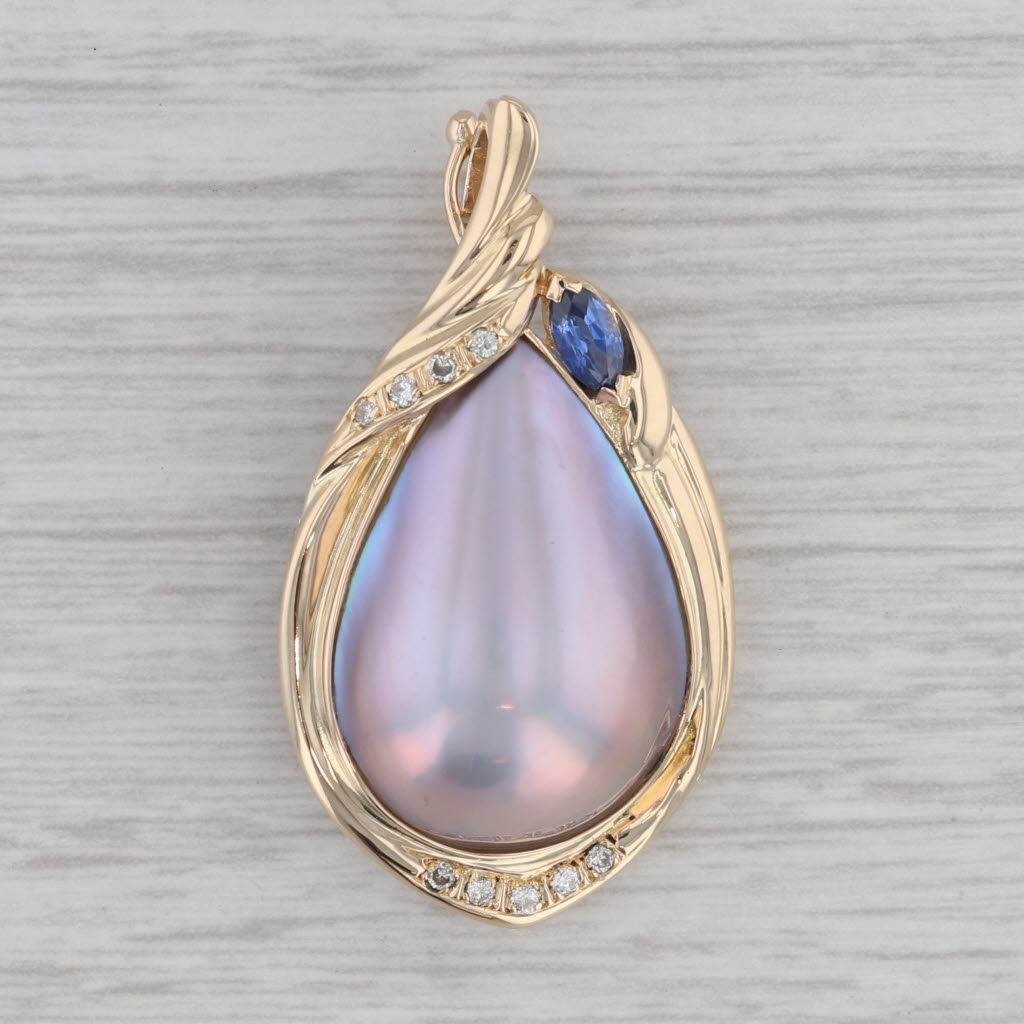 Gray Mabe Pearl Sapphire Diamond Teardrop Statement Pendant Enhancer 14k Yellow Gold