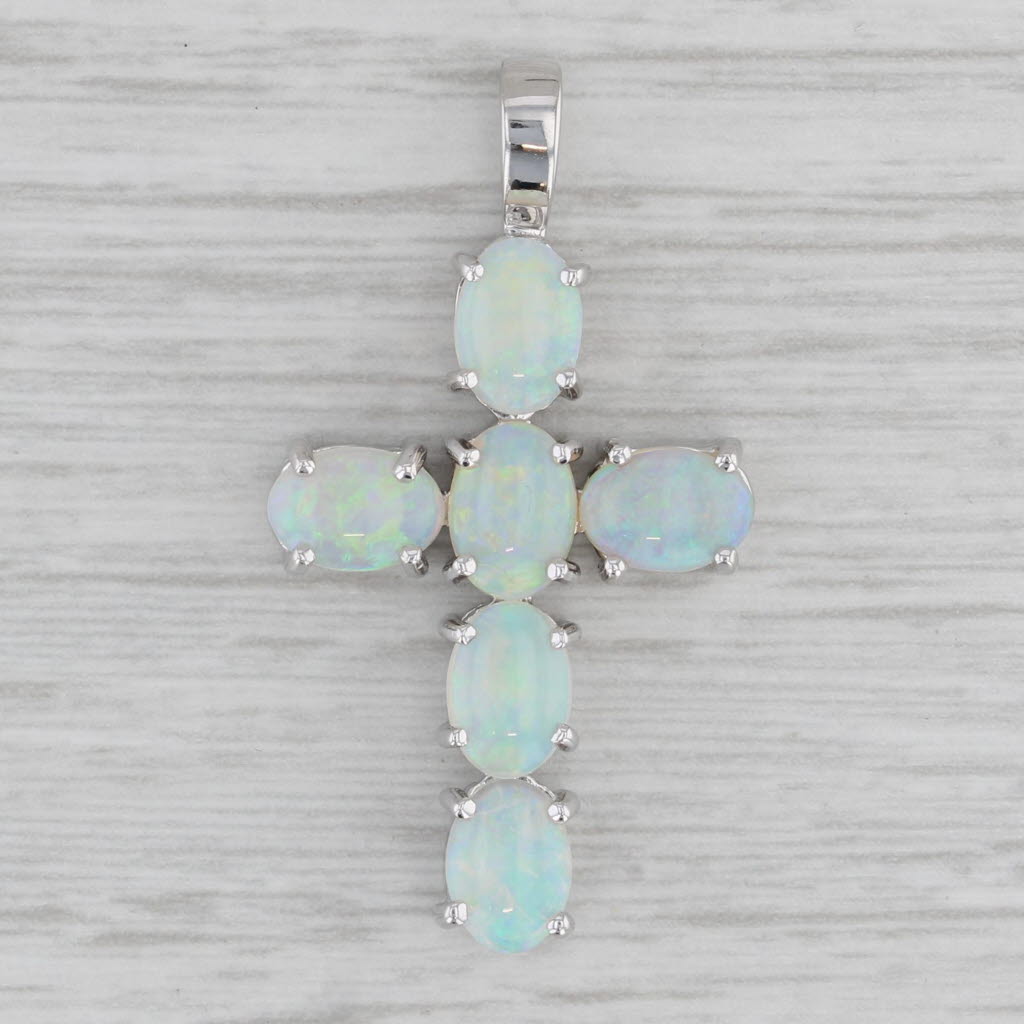 Gray Colorful Opal Cross Pendant 14k White Gold