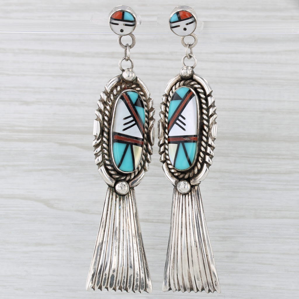 Light Gray Vintage Southwestern Stone Mosaic Statement Earrings Sterling Silver