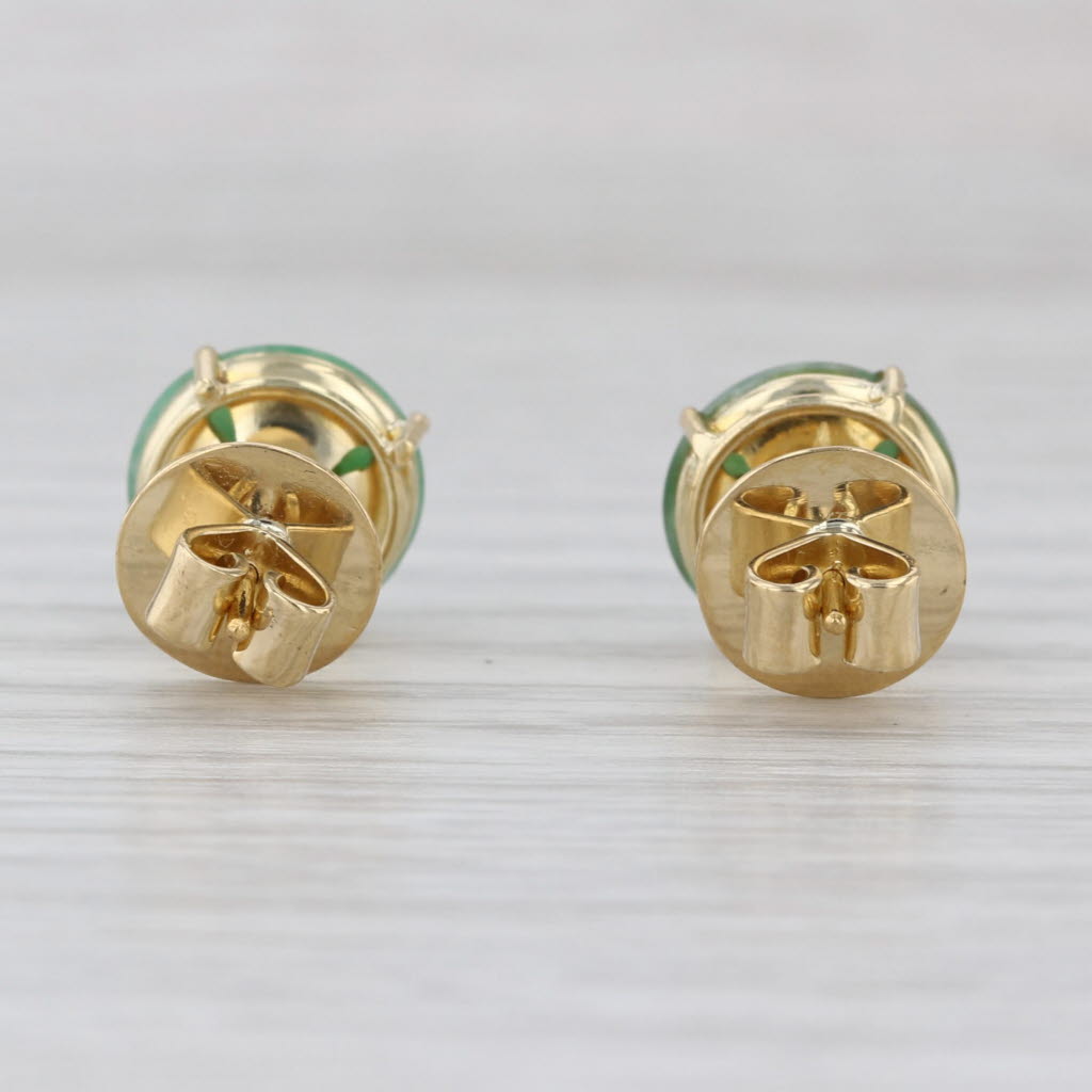 Green Jadeite Jade Diamond Stud Earrings 18k Yellow Gold Round Studs