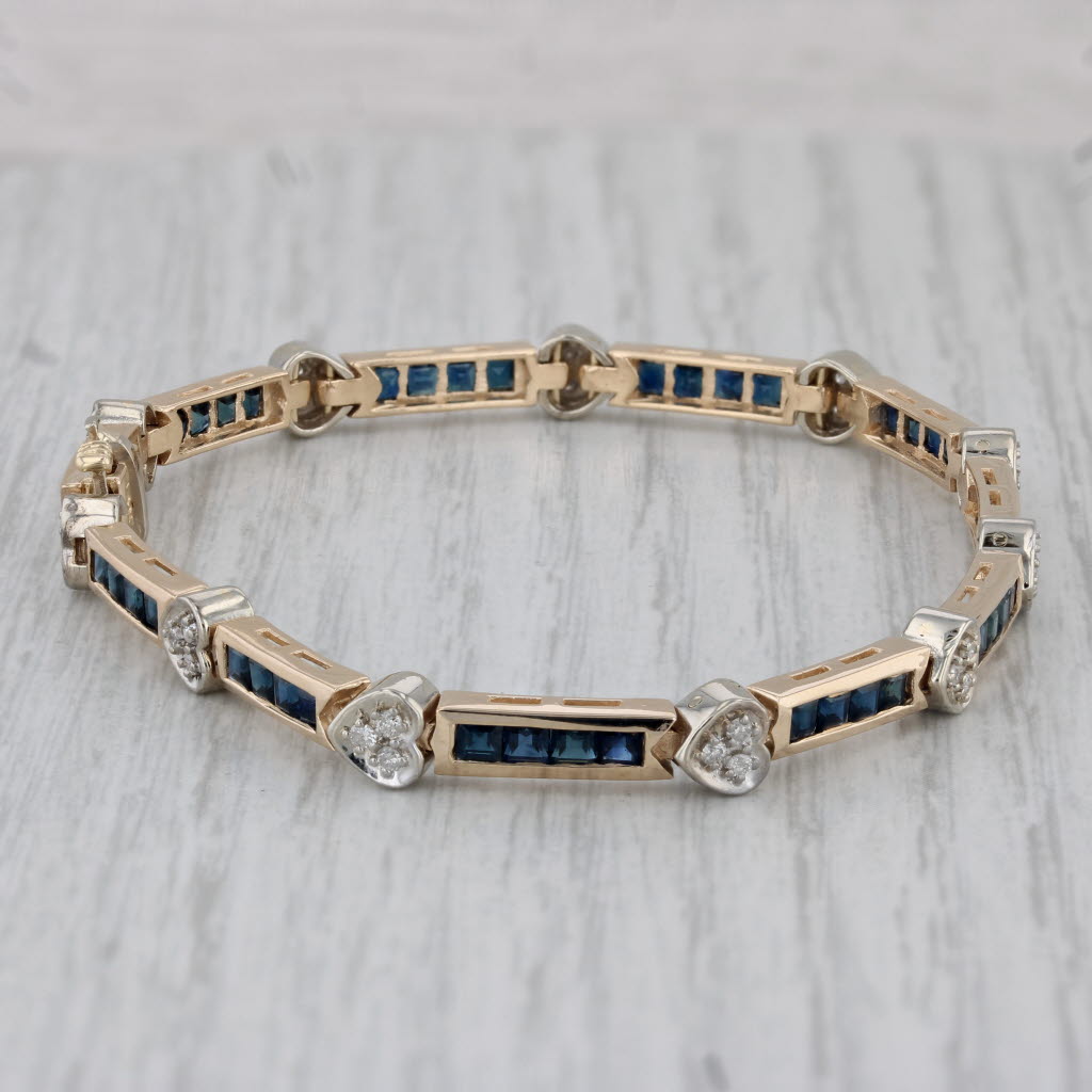 Gray 3.30ctw Blue Sapphire Bars Diamond Hearts Bracelet 14k Yellow Gold 7"