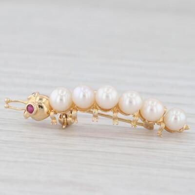 Light Gray Caterpillar Pin 14k Yellow Gold Cultured Pearl Ruby Insect Jewelry Brooch