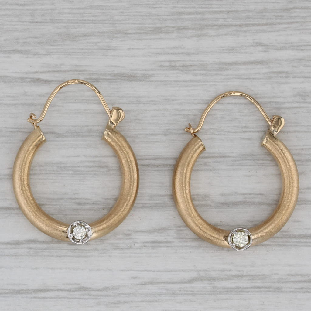 Gray Diamond Hollow Hoop Earrings 14k Yellow Gold Light Weight Round Hoops