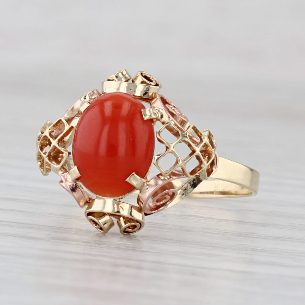 Vintage Coral Cabochon Solitaire Ring 14k Yellow Rose Gold Size 9.75