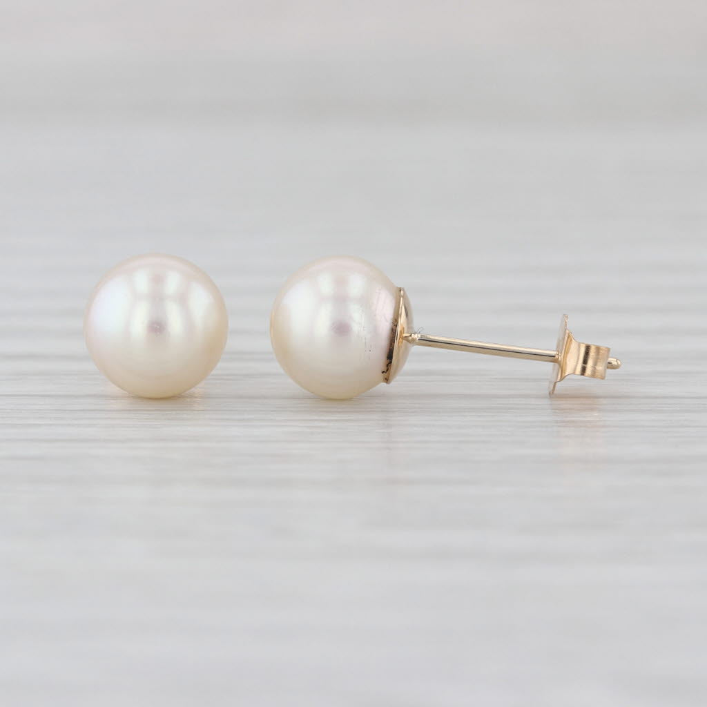 Cultured Pearl Stud Earrings 14k Yellow Gold 7.4mm Round Solitaire Studs