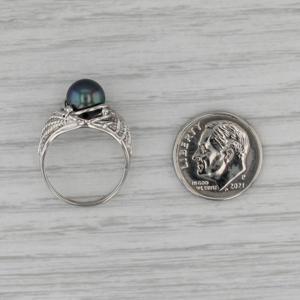 Cultured Black Pearl Solitaire Ring Silver Size 5 Openwork Band