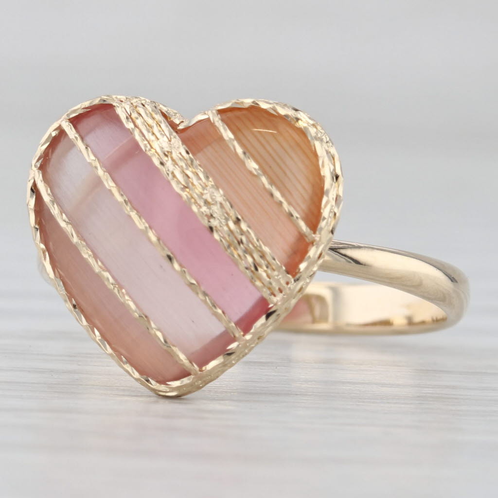 Light Gray Pink Glass Cabochon Heart Ring 14k Yellow Gold Size 8