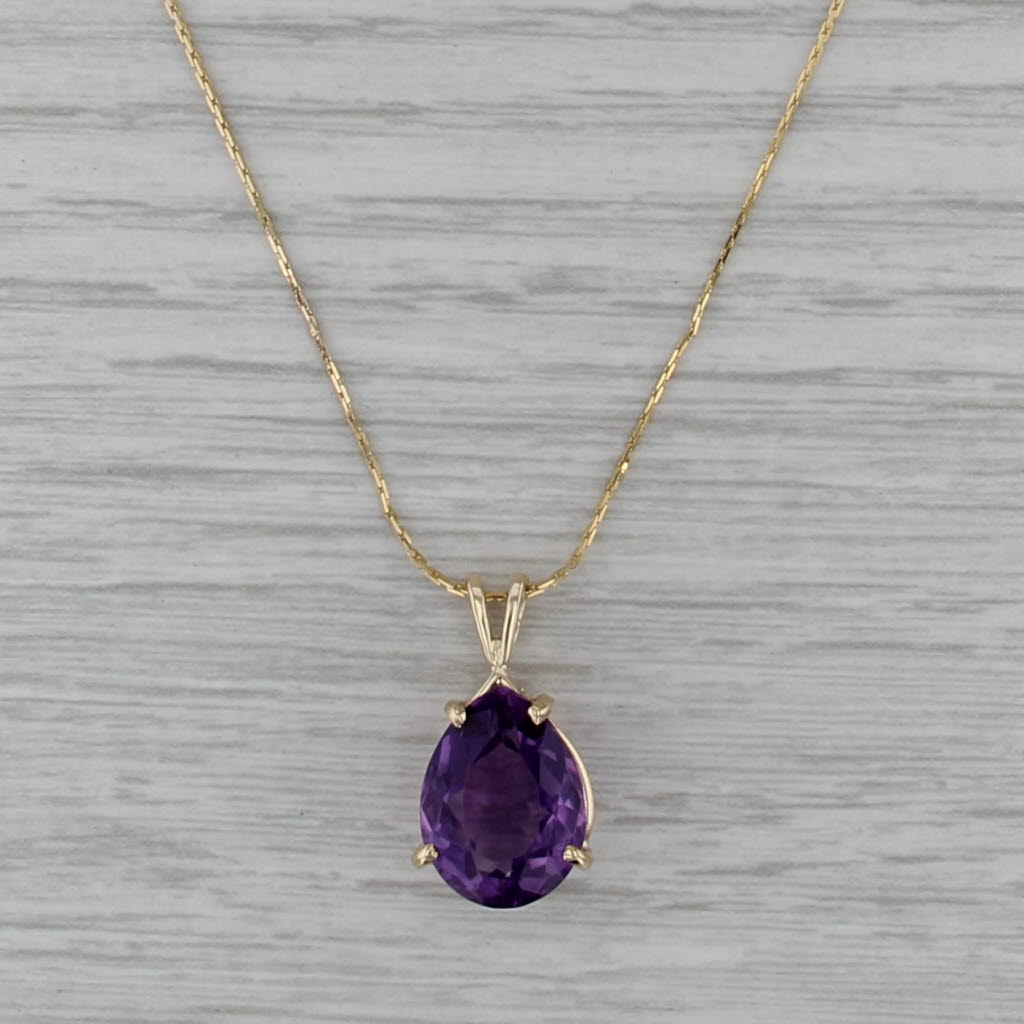 6ct Pear Amethyst Solitaire Teardrop Pendant Necklace 14k Yellow Gold 20" C-Link