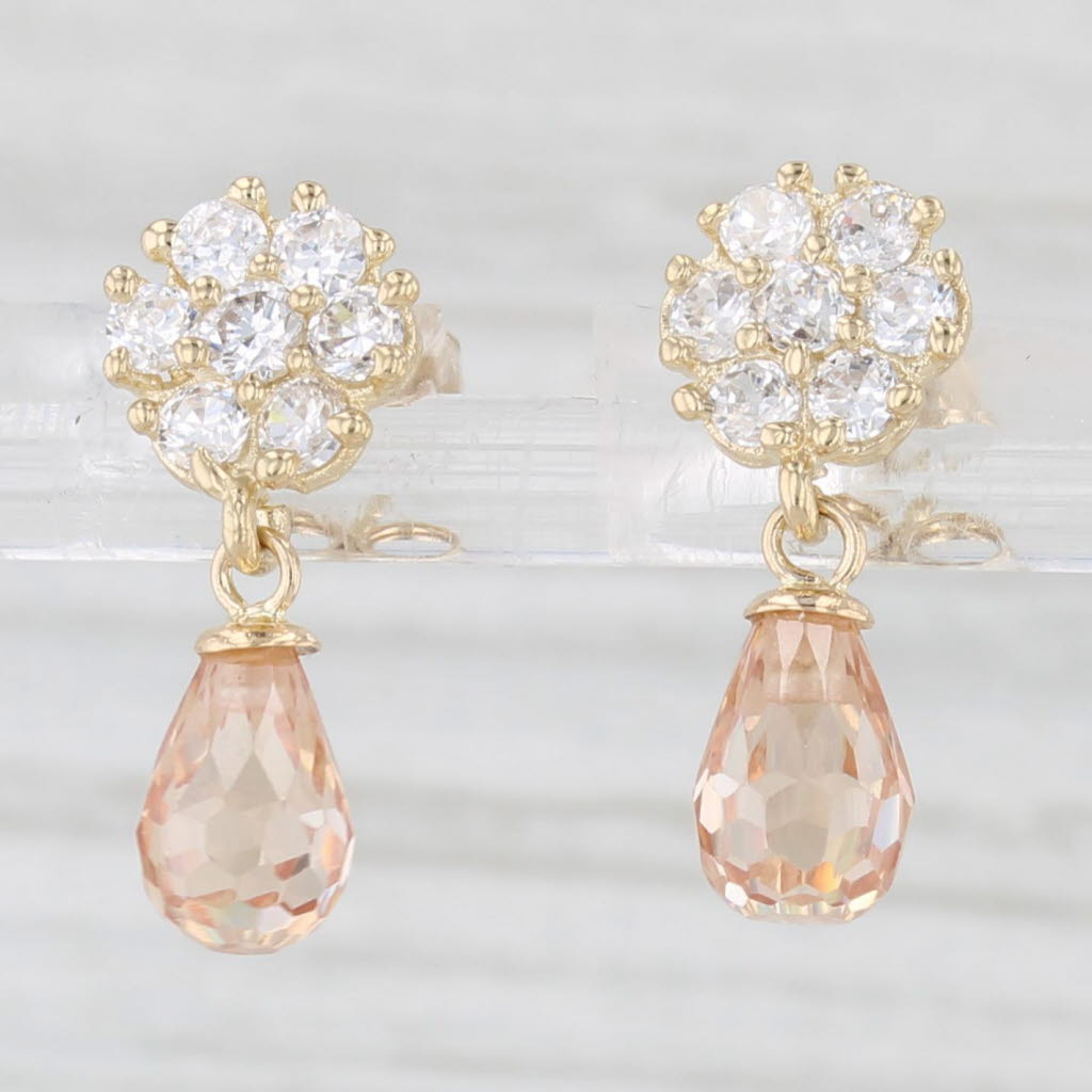 Light Gray Peach Briolette & White Cubic Zirconia Flower Drop Earrings 14k Yellow Gold