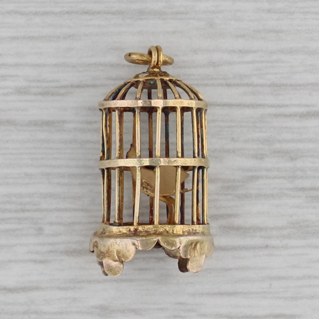 Gray Vintage Bird in Birdcage Charm 14k Yellow Gold 3D Pendant